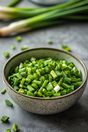 Chopped green onions are displayed in a bowl on a gray countertop. Fresh green onions in the background suggest preparation for a flavorful dish or garnishment.の素材