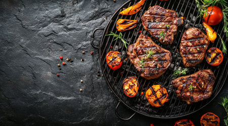 Juicy pieces of grilled meat and vibrant cherry tomatoes are arranged on a barbeque grill, showcasing an inviting summer cookout atmosphere filled with savory aromas.の素材