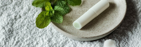 A smooth plate holds fresh mint leaves and a white lip balm tube, arranged over a textured background. Natural light enhances the fresh and inviting atmosphere of the setting.の素材
