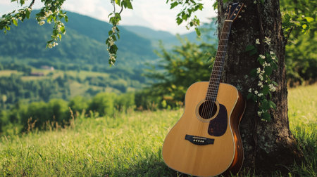 An acoustic guitar is leaning against a tree in a lush green field. The background features majestic mountains and clear, blue skies, providing a peaceful atmosphere in nature.の素材