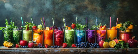 A vibrant collection of refreshing fruit drinks is arranged neatly on a rustic wooden table, showing a variety of colors and garnishes that enhance their appeal.の素材