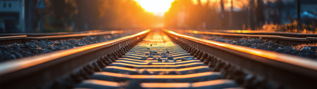 Warm sunlight casts a golden glow on railway tracks stretching into the distance, creating a peaceful atmosphere in the countryside at sunset, with gentle hues and nature in view.の素材