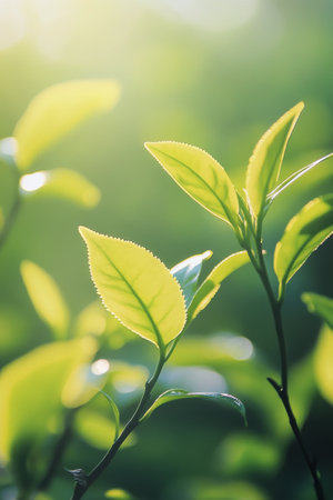 Sunlight filters through vibrant green leaves, creating a peaceful atmosphere in a garden. The scene depicts the beauty of nature awakening on a bright morning.の素材