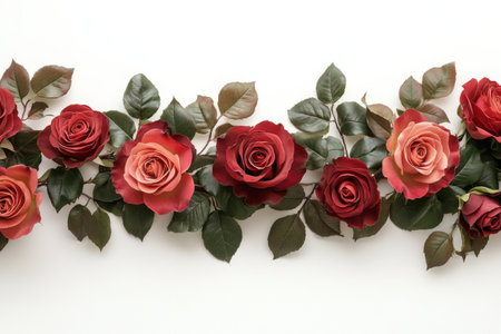 A stunning display of artificial roses in shades of red, pink, and cream is meticulously arranged among lush green leaves on a pristine white surface, ideal for home decor.の素材