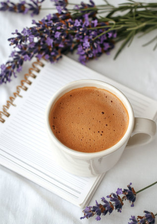 A warm cup of coffee sits atop an open notepad surrounded by fresh lavender flowers, creating a calming atmosphere perfect for reflection or creativity.の素材