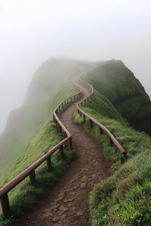 A winding pathway curves through lush green hills enveloped in mist, showing the serene beauty of nature. The surrounding landscape feels calm and inviting during early morning hours.の素材