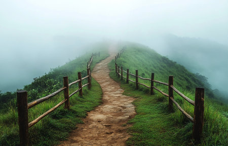 A peaceful pathway leads through vibrant green hills, enveloped in soft fog during early morning hours. The atmosphere is serene with natural beauty surrounding the trail.の素材