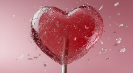 A heart-shaped candy spills its shattered pieces against a soft pink backdrop, creating an artistic representation of love and vulnerability. The details showcase the delicate nature of affection.の素材