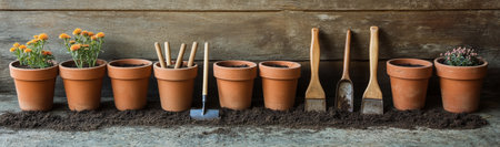 A collection of terracotta pots sits on a wooden surface, accompanied by gardening tools and fresh soil. Vibrant flowers are ready to be planted in this sunlit area.の素材
