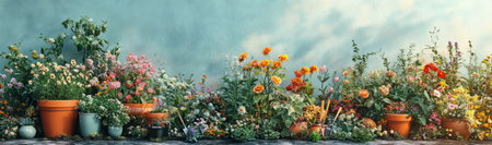 A lush array of blooming flowers fills garden pots, showing various colors and types. The sunlight brings warmth, enhancing the natural beauty in this outdoor space.の素材