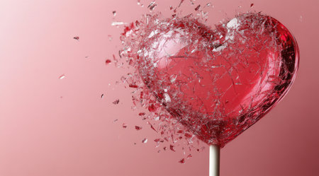 A heart-shaped candy spills its shattered pieces against a soft pink backdrop, creating an artistic representation of love and vulnerability. The details showcase the delicate nature of affection.の素材