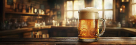 A glass of golden beer sits on a rustic wooden bar, capturing the warm ambiance of a bustling pub, with soft lights and background chatter enhancing the inviting atmosphere.の素材