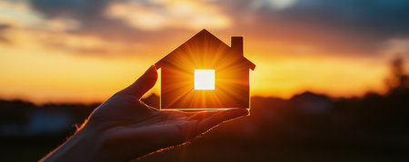 A hand holds a small house model while the sun sets in the background, creating a warm glow that shines through the house windows. The sky is filled with vibrant orange and yellow hues.の素材