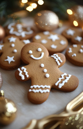 A collection of gingerbread cookies, including a smiling gingerbread man, is beautifully arranged on a decorative plate. Holiday lights create a warm atmosphere, enhancing the festive spirit.の素材