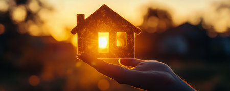 A hand holds a small house model while the sun sets in the background, creating a warm glow that shines through the house windows. The sky is filled with vibrant orange and yellow hues.の素材