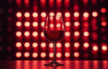 A single glass of red wine sits elegantly on a sleek surface, reflecting glowing red lights that fill the bar atmosphere, creating a warm and inviting mood for patrons.の素材
