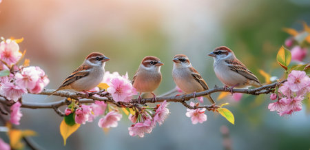 Small birds are gathered on a cherry blossom branch, surrounded by blooming flowers. The tranquil setting captures the beauty of spring and the harmony of nature in soft lighting.の素材