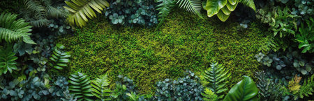 Rich green plants encircle a bare earth patch, showing the beauty of nature. The scene highlights various textures and shades of leaves in a tranquil forest environment.の素材