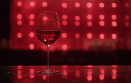 A single glass of red wine sits elegantly on a sleek surface, reflecting glowing red lights that fill the bar atmosphere, creating a warm and inviting mood for patrons.の素材