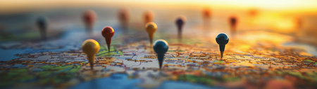 Colorful pins are placed on a geographic map as the sun sets, illustrating a mix of travel destinations, planning activities, and potential adventures across different areas.の素材