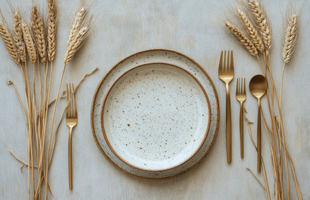 A beautifully arranged table displays rustic ceramic plates with subtle speckles, complemented by golden cutlery and a bundle of wheat stalks, creating a warm, inviting atmosphere for dining.の素材