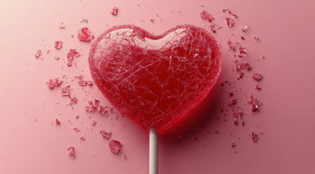 Vibrant heart-shaped candy pops burst apart, sending shimmering pieces flying in a playful display, set against a soft pink backdrop, perfect for romantic occasions and festive celebrations.の素材