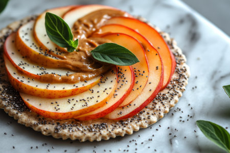 A rice cake is topped with thin slices of red and green apples, spread with nut butter, sprinkled with chia seeds, and garnished with fresh mint leaves, creating a healthy snack.の素材