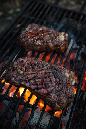 Two perfectly grilled steaks lay on a barbecue grill alongside colorful vegetables, surrounded by a warm orange flame on a pleasant summer evening.の素材