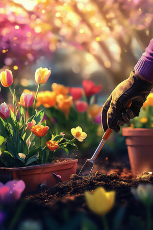 A gardener uses a hand trowel to cultivate soil surrounded by blooming tulips and daffodils, with soft sunlight illuminating the spring garden at sunset, showing vibrant colors and new growth.の素材