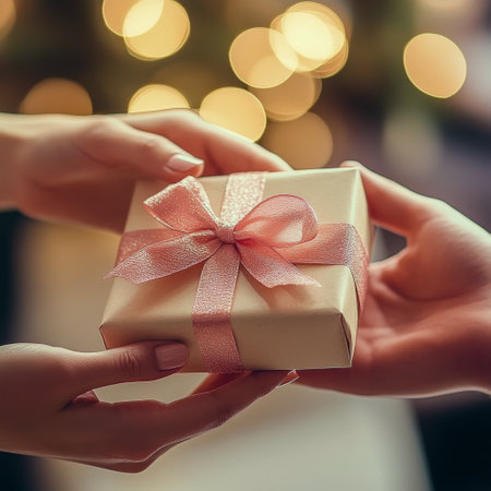 Hands gently presenting a beautifully wrapped gift adorned with a pink ribbon, set against a backdrop of soft bokeh lights symbolizing a joyous celebration.の素材