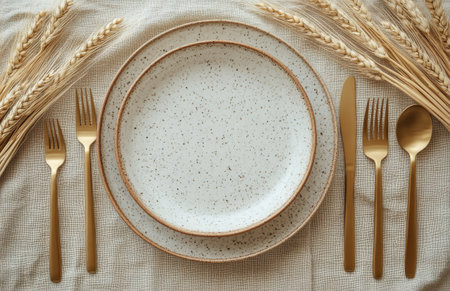 A beautifully arranged table displays rustic ceramic plates with subtle speckles, complemented by golden cutlery and a bundle of wheat stalks, creating a warm, inviting atmosphere for dining.の素材