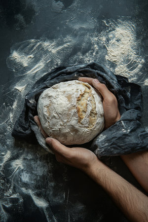 Hands hold gently a round ball of bread dough on parchment paper surrounded by flour dust on the kitchen countertop, creating a warm cooking atmosphere.の素材