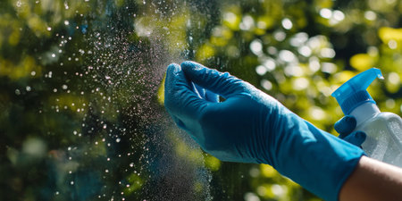 A person cleans a window with a blue microfiber cloth while wearing bright blue gloves. Sunlight filters through the surrounding greenery, creating a cheerful atmosphere.の素材