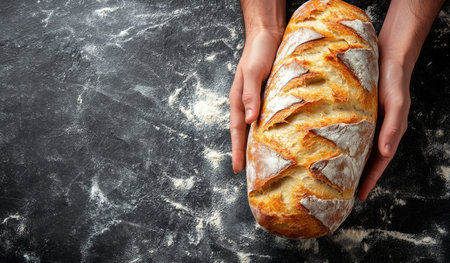 Hands are gently cradling a golden crusted loaf of artisanal bread on a dark, textured surface, showing the beautiful patterns and freshness of the baked good.の素材