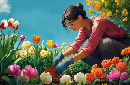 A hand wearing a glove is digging into the soil surrounded by colorful tulips, daffodils, and other flowers in full bloom under a bright blue sky, indicating a joyful gardening activity.の素材