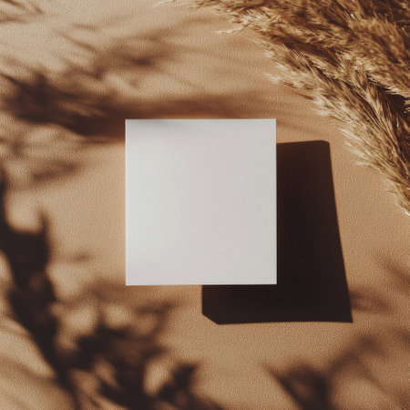 A blank white square sits among dried grass on a warm-toned surface, illuminated by gentle light, creating an aesthetic and serene composition suitable for artistic expressions.の素材