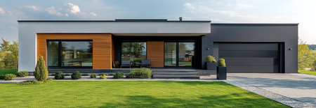 A sleek black house features expansive windows, showcasing warm light inside. The property is set against a tranquil sky during sunset, with lush greenery framing the scene.の素材