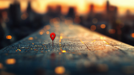 A vivid map foreground features a red location pin placed on an urban area, against a stunning sunset backdrop illuminating the city skyline and creating a warm ambiance.の素材