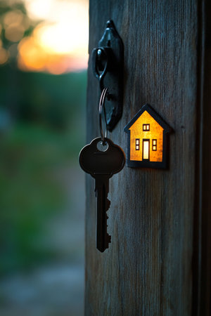 A key with a house-shaped tag is visibly hanging from a door knob, suggesting the entryway to a welcoming home, surrounded by warm sunlight and natural scenery that invites exploration.の素材