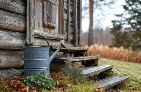 A blue watering can sits beside a small pine tree lightly covered in snow, positioned near wooden steps of a cabin surrounded by trees, highlighting a peaceful winter atmosphere.の素材