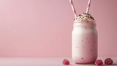A creamy and delightful pink milkshake fills a glass jar, crowned with fluffy whipped cream and colorful sprinkles. The soft pink backdrop adds to the sweet appeal of this treat.の素材