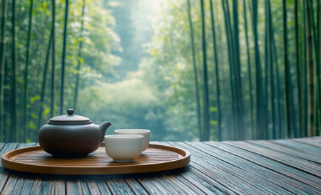 A traditional teapot sits on a bamboo mat, accompanied by two cups, as sunlight filters through a lush bamboo grove in a tranquil garden setting.の素材