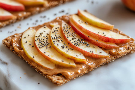 A rice cake is topped with thin slices of red and green apples, spread with nut butter, sprinkled with chia seeds, and garnished with fresh mint leaves, creating a healthy snack.の素材