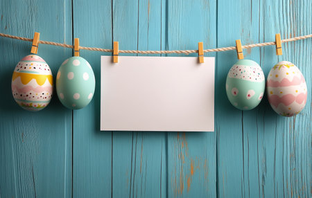 Easter eggs in various pastel colors surround a blank card suspended by clothespins on a rustic blue table. This setup invites seasonal messages and creative holiday expressions.の素材