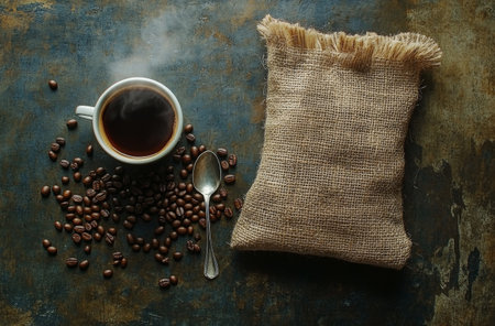 A warm cup filled with freshly brewed coffee sits comfortably on a piece of burlap. Scattered coffee beans surround the cup alongside a shining silver spoon, creating a cozy atmosphere.の素材