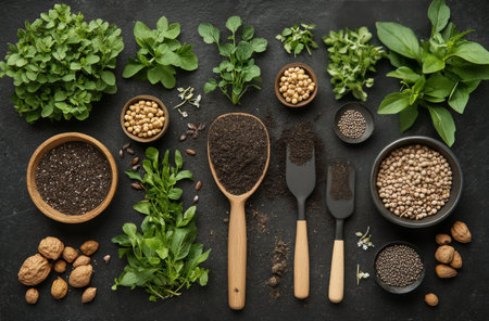 Various gardening tools are arranged alongside black pots filled with soil. Small green plants are visible, indicating preparation for planting in a neat, organized manner.の素材