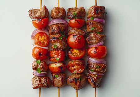 Juicy beef and fresh vegetables are expertly grilled on skewers, creating a vibrant and appetizing presentation.の素材