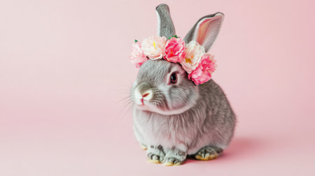 A small gray rabbit adorned with a delicate flower crown sits on a soft pink background. The charming bunny looks playful and inviting, capturing hearts with its fluffy fur and friendly expression.の素材