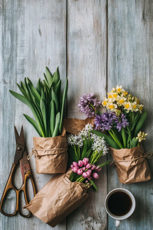 Freshly cut spring flowers in shades of purple, pink, and white are wrapped in brown paper, sitting alongside gardening tools and a cup of coffee on a rustic wooden table.の素材
