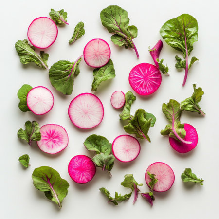 A variety of pink radishes, both whole and sliced, surround vibrant leafy greens in an artistic layout on a clean surface, showing their colors and textures.の素材